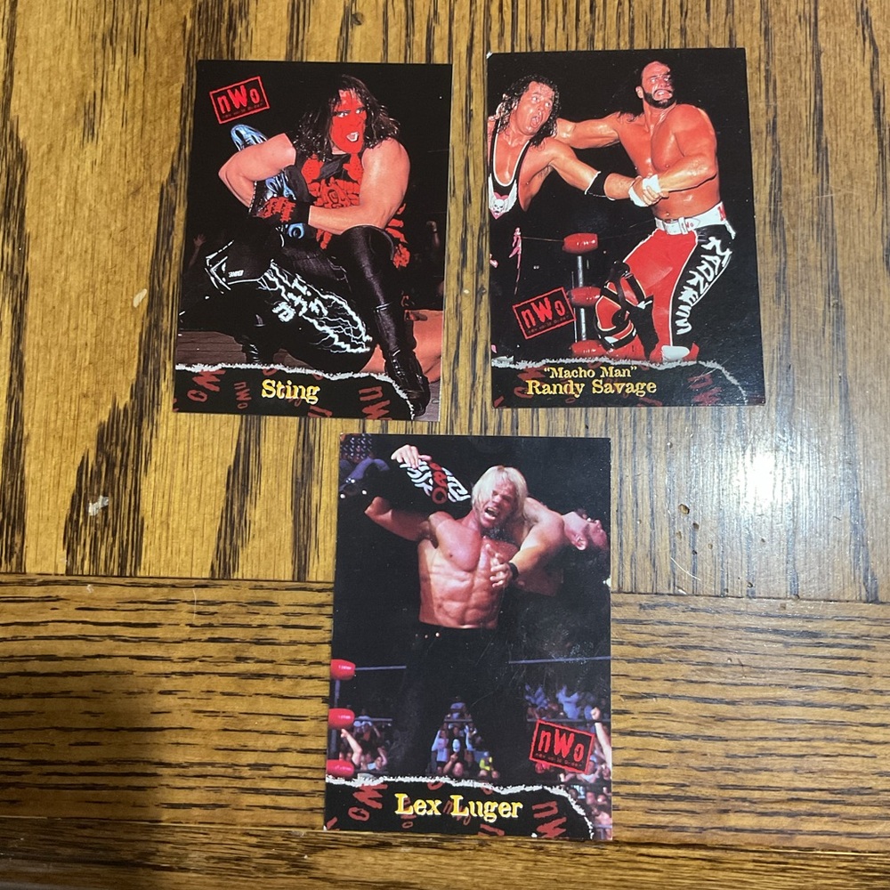 3 NWO wrestling collectors cards: STING, LEX LUGER & MACHO MAN RANDY SAVAGE